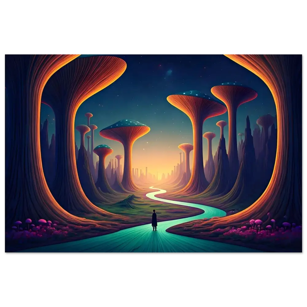 Surreal mushroom landscape with a figure for Mushroom Valley Mindwalk Poster Fine Art Print