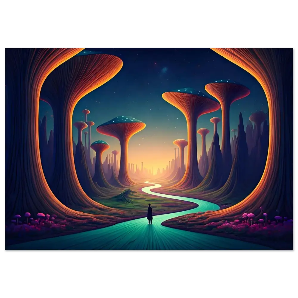 Surreal landscape with glowing trees and winding river on Mushroom Valley Mindwalk Poster
