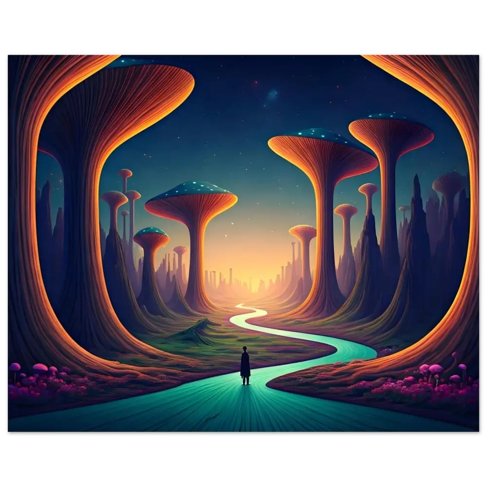Surreal mushroom landscape artwork on Mushroom Valley Mindwalk Poster by PixiOnyx