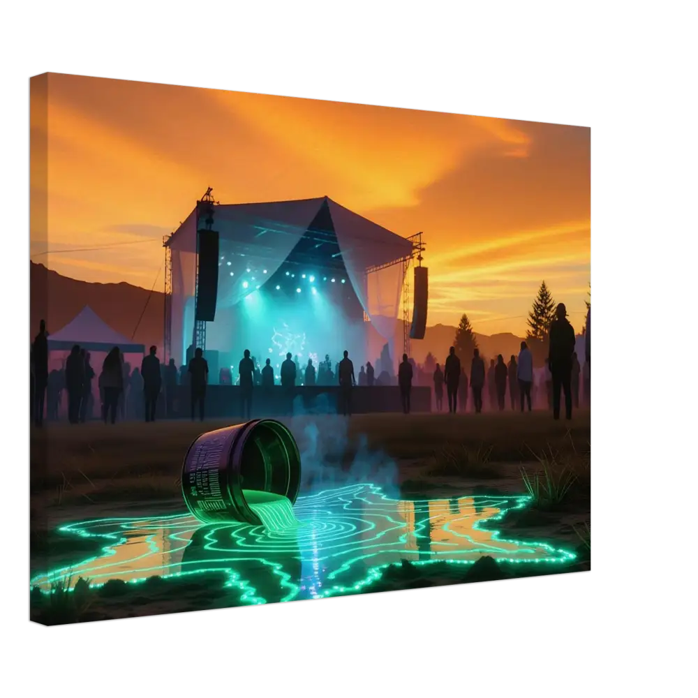 Neon Spill Festival Canvas with glowing liquid spill capturing cosmic music energy