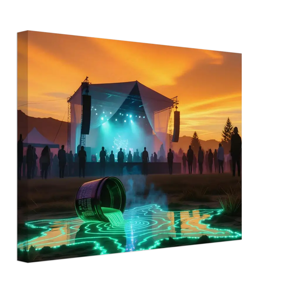 Glowing green liquid spilling from a container on Neon Spill Festival Canvas by PixiOnyx