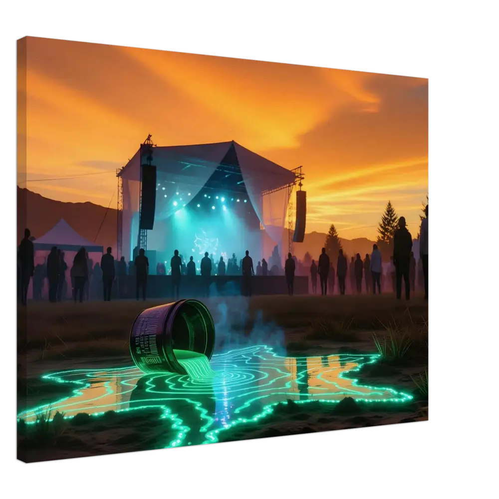 Glowing green liquid spilling from a tilted container on Neon Spill Festival Canvas PixiOnyx