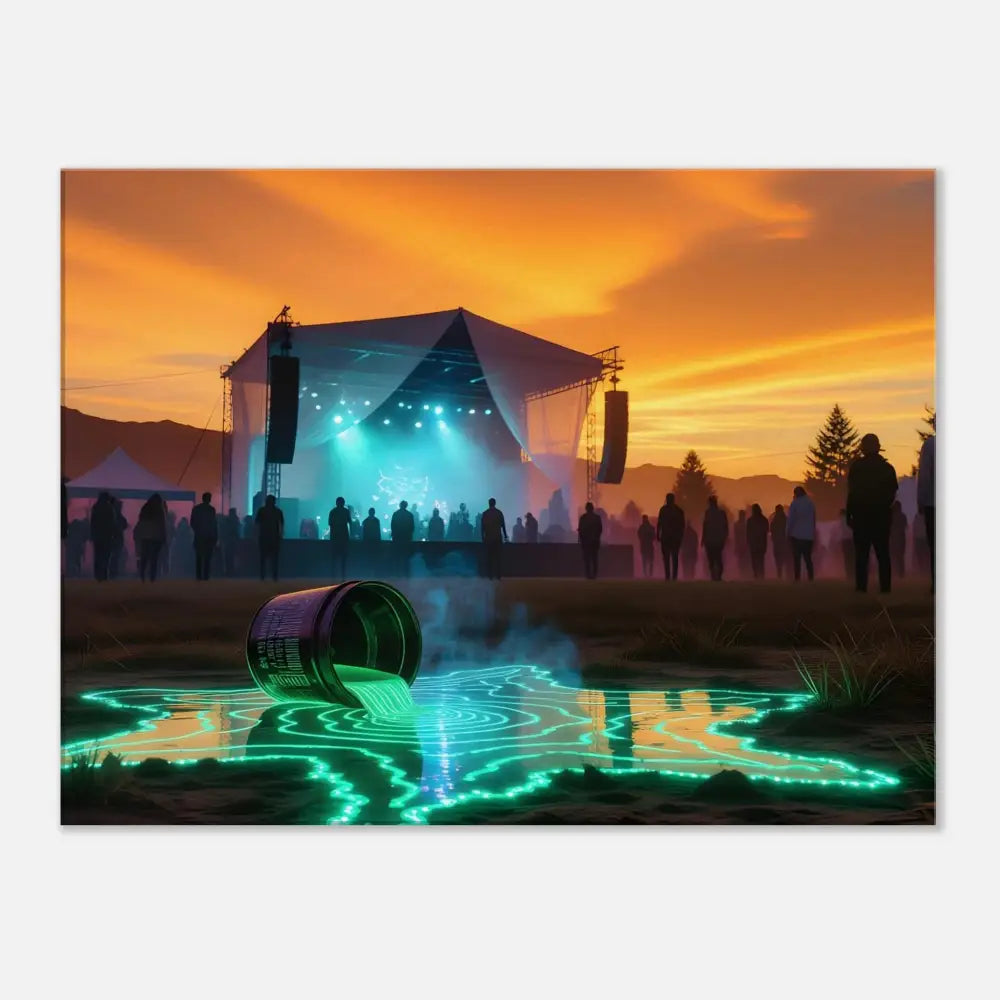 Glowing liquid spilling from a container on Neon Spill Festival Canvas Cosmic Sound Unleashed