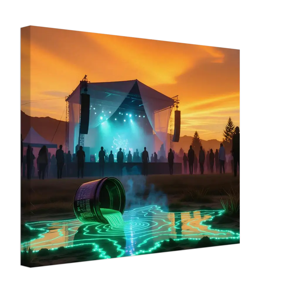 Neon Spill Festival Canvas featuring glowing liquid spill and cosmic music scene