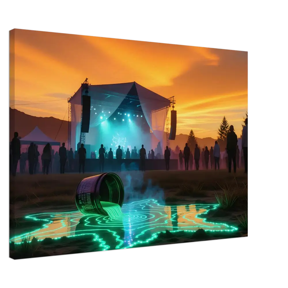 Neon Spill Festival Canvas with concert scene and glowing spilled liquid artwork