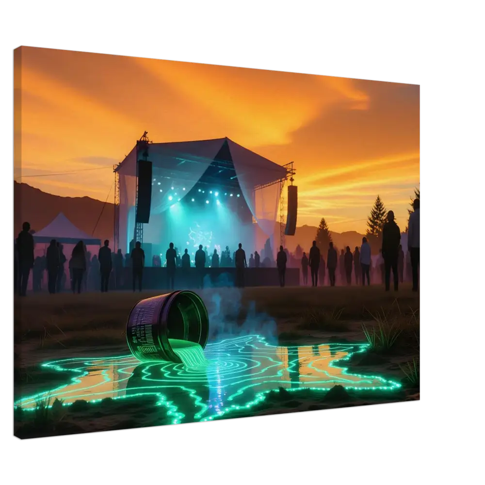 Neon Spill Festival Canvas with glowing spilled liquid capturing Cosmic Sound energy
