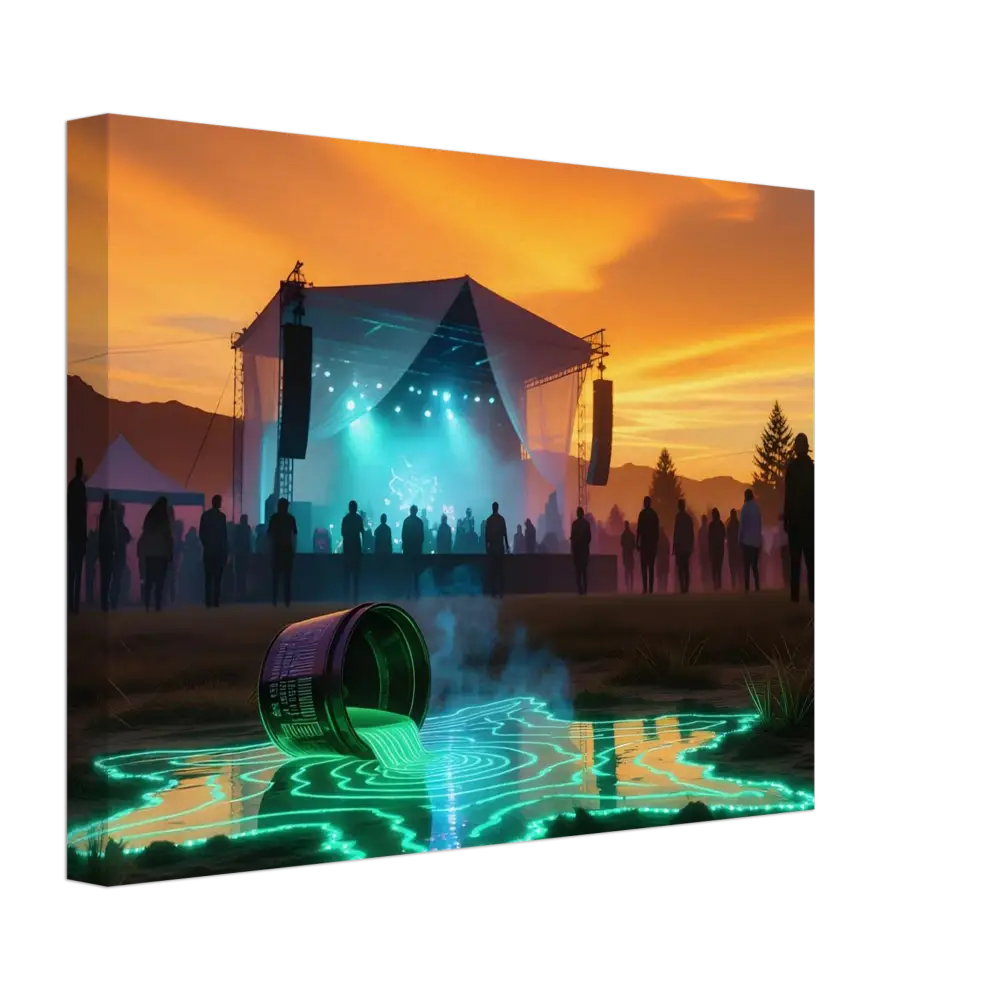 Glowing liquid spilling from a can on Neon Spill Festival Canvas Cosmic Sound Unleashed