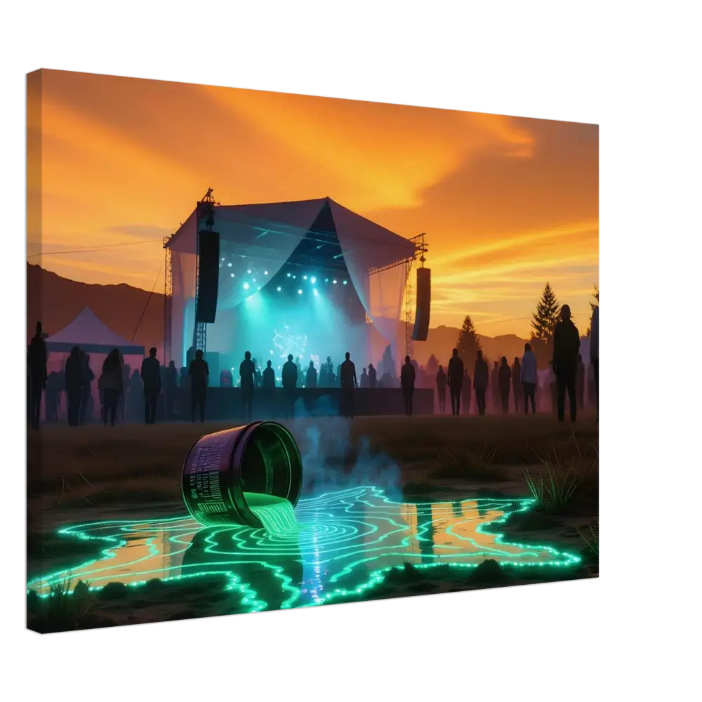 Glowing green liquid spilling from a tilted container on Neon Spill Festival Canvas