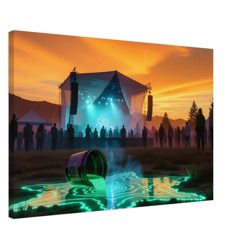 Glowing green liquid spilling from container on Neon Spill Festival Canvas Cosmic Sound Unleashed