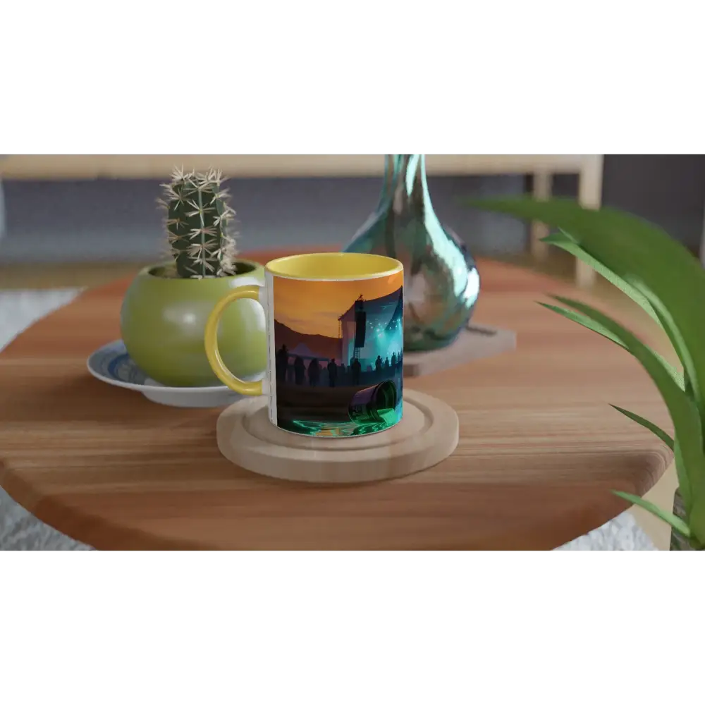 Yellow-handled Neon Spill Festival Mug with nighttime castle scene in PixiOnyx Ceramic Sipper