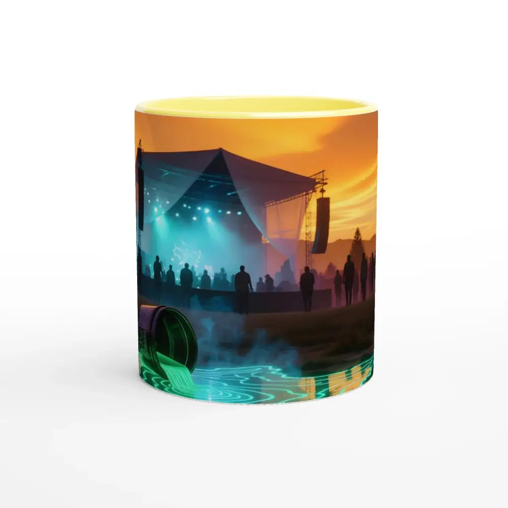 Yellow-lined festival mug with surreal sunset glow design by PixiOnyx