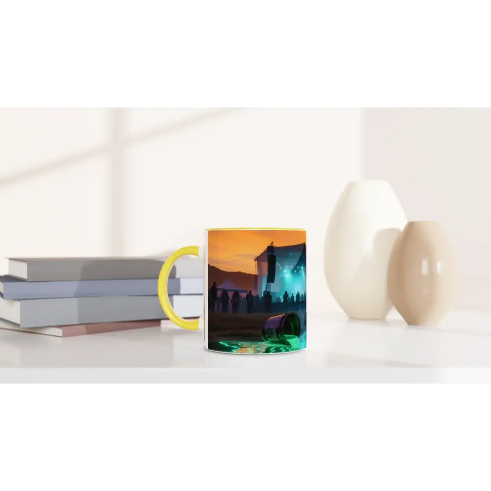 Yellow-handled mug featuring a zombie scene from Neon Spill Festival Mug Surreal Sunset Glow