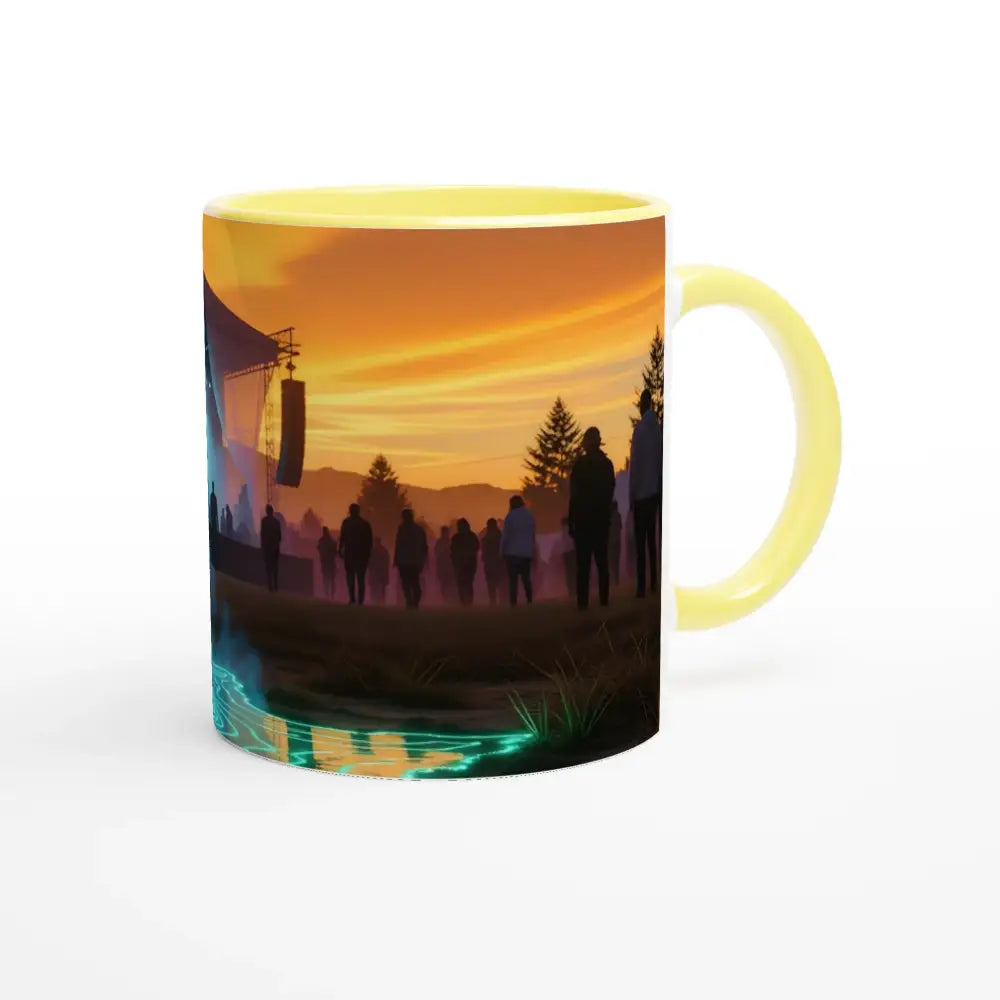 Yellow-handled ceramic mug featuring a vibrant concert scene and Surreal Sunset Glow design