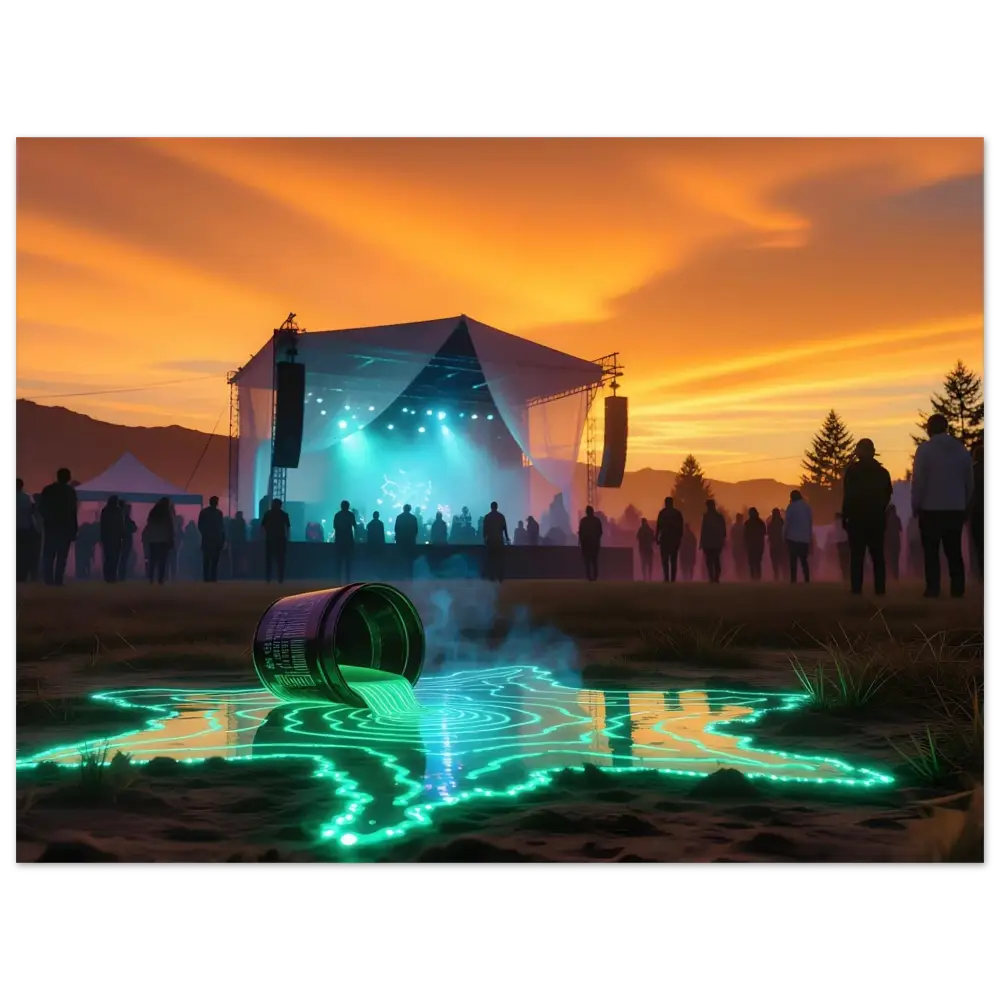 Spilled glowing green liquid from tipped paint can on Neon Spill Festival Poster PixiOnyx