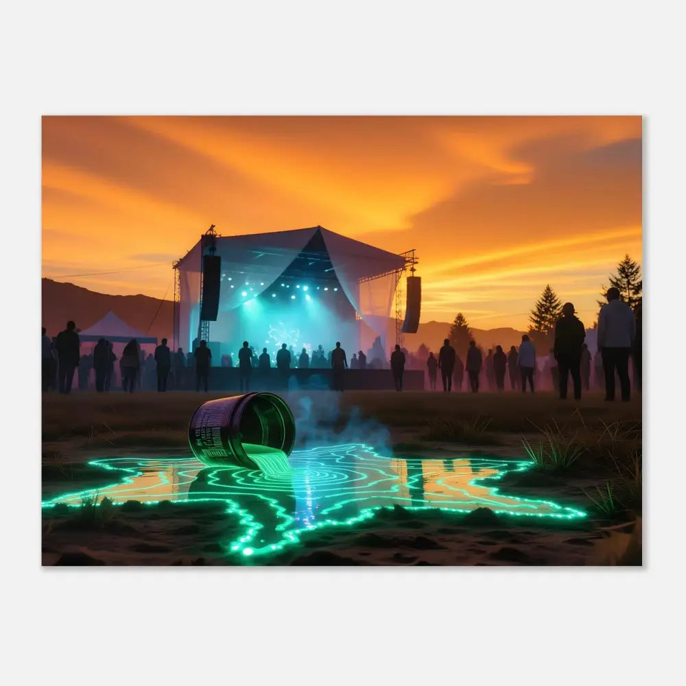 Neon glowing liquid spilling from tipped barrel on Cosmic Sound Unleashed PixiOnyx poster