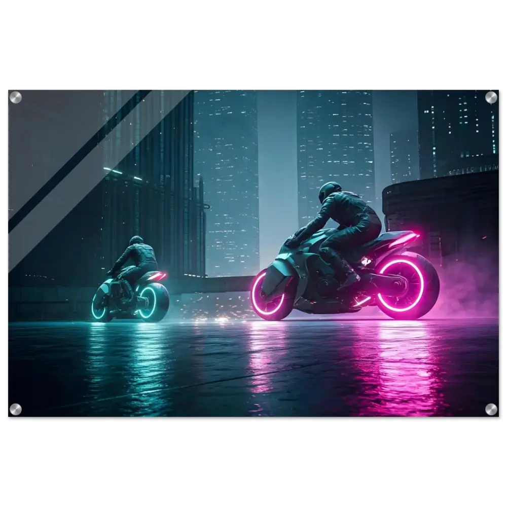 Futuristic neon motorcycles displayed on a sci-fi high gloss acrylic wall print