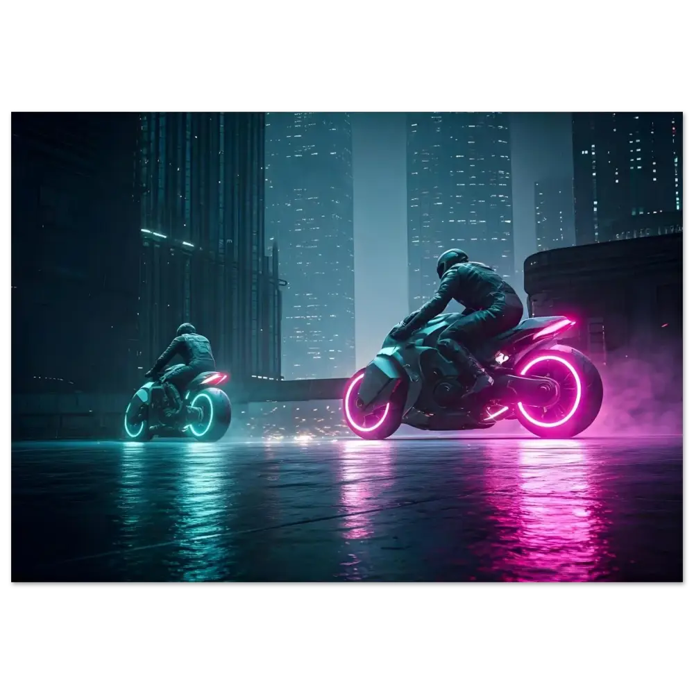 Futuristic neon motorcycles displayed on Neon Velocity Cyberpunk Showdown Poster Wall Decor