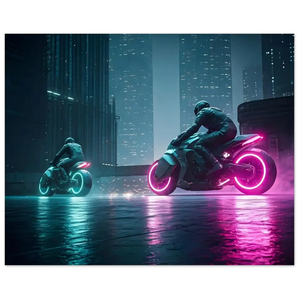 Futuristic neon motorcycles displayed on Neon Velocity Cyberpunk Showdown Poster wall decor
