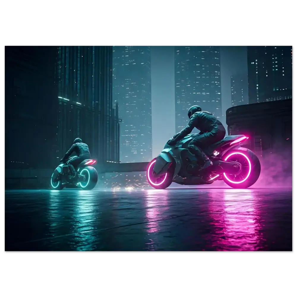 Futuristic neon motorcycles displayed on Neon Velocity Cyberpunk Showdown Poster Wall Decor