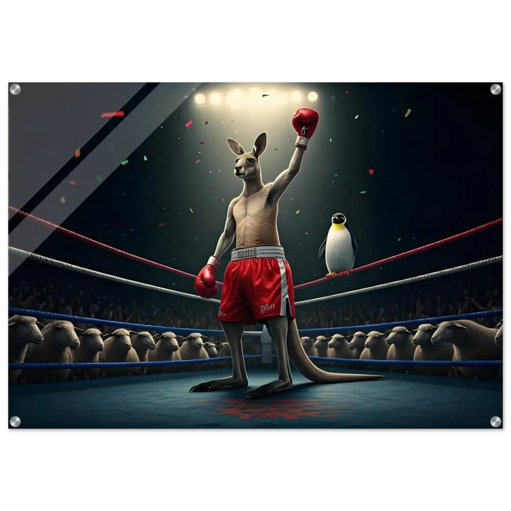 Framed boxing kangaroo with penguin acrylic print for Outback Undisputed PixiOnyx display