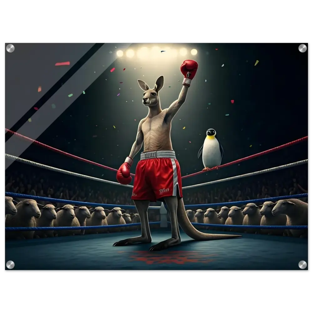 Victorious Kangaroo Boxer with Penguin Referee in Outback Undisputed Acrylic Print