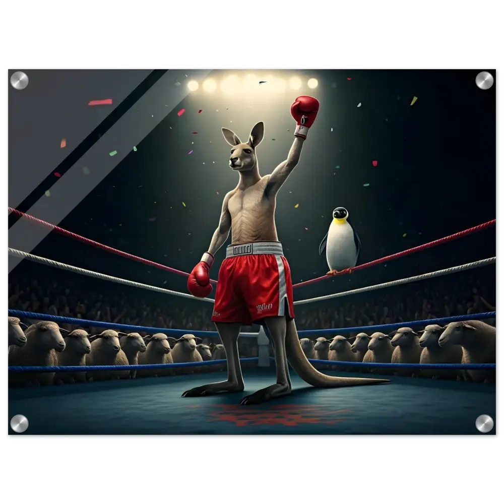 Boxing Kangaroo and Penguin Ringside on Outback Undisputed Acrylic Print by PixiOnyx