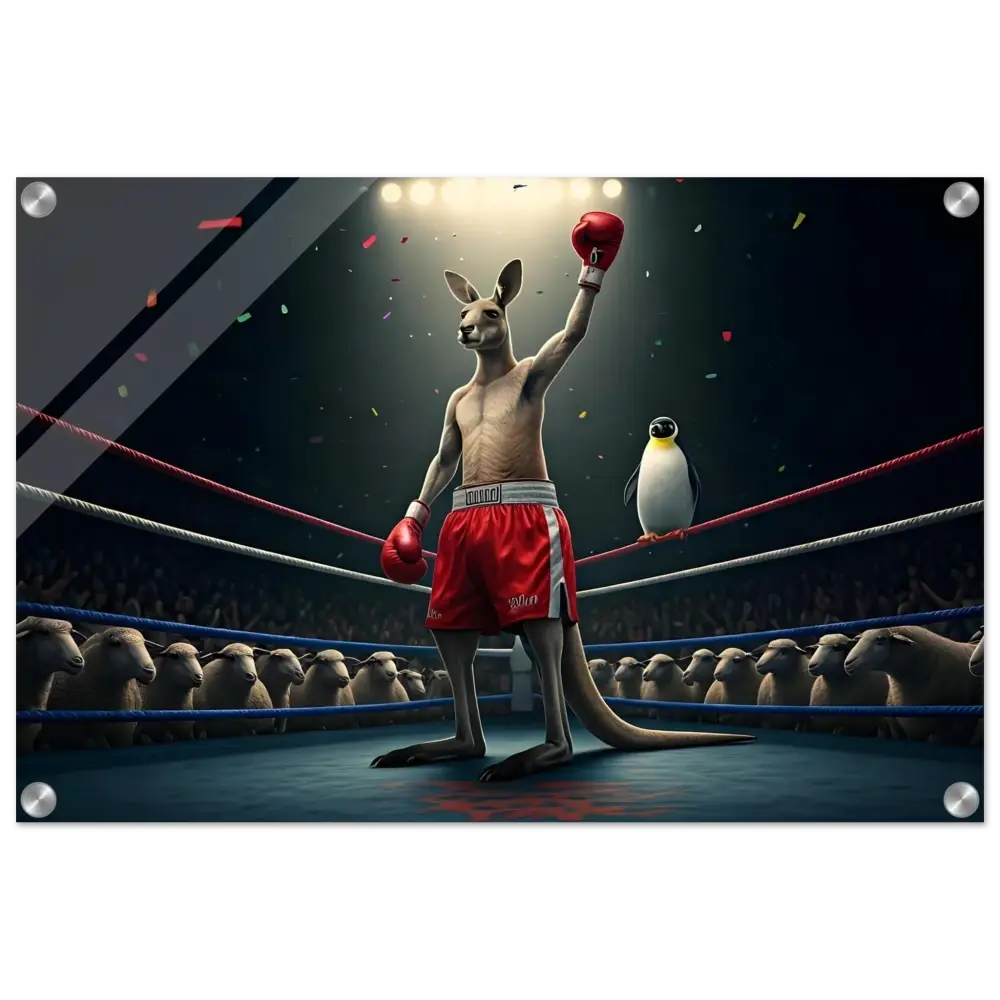 Victorious Kangaroo Boxer with Penguin Ringside displayed on Outback Undisputed Acrylic Print