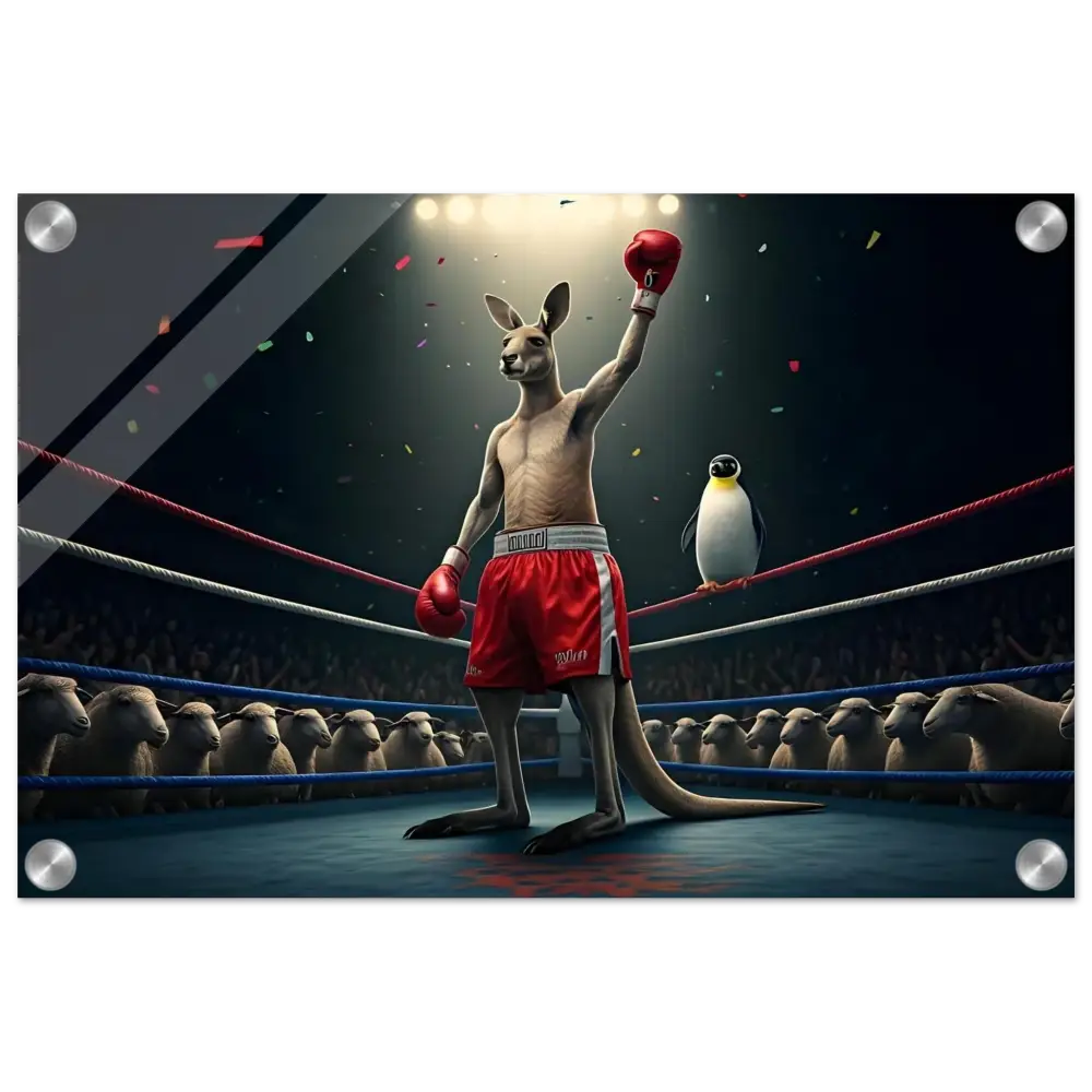 Boxing Kangaroo and Penguin Acrylic Print from Outback Undisputed PixiOnyx Combat Display