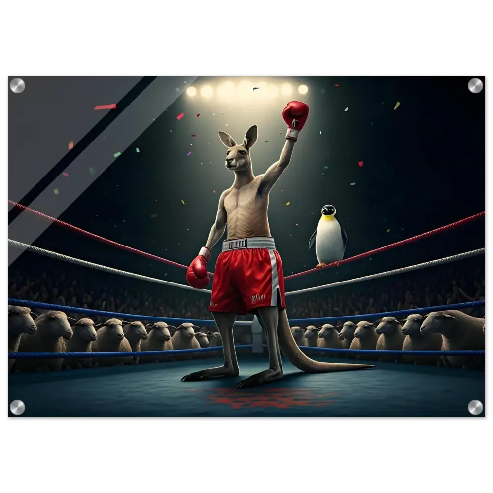 Boxing kangaroo victorious in ring displayed on Outback Undisputed Acrylic Print by PixiOnyx