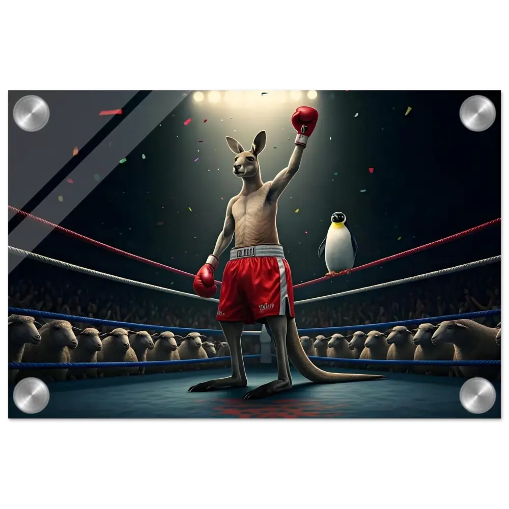 Boxing Kangaroo with Penguin Referee Acrylic Print for Outback Undisputed PixiOnyx display