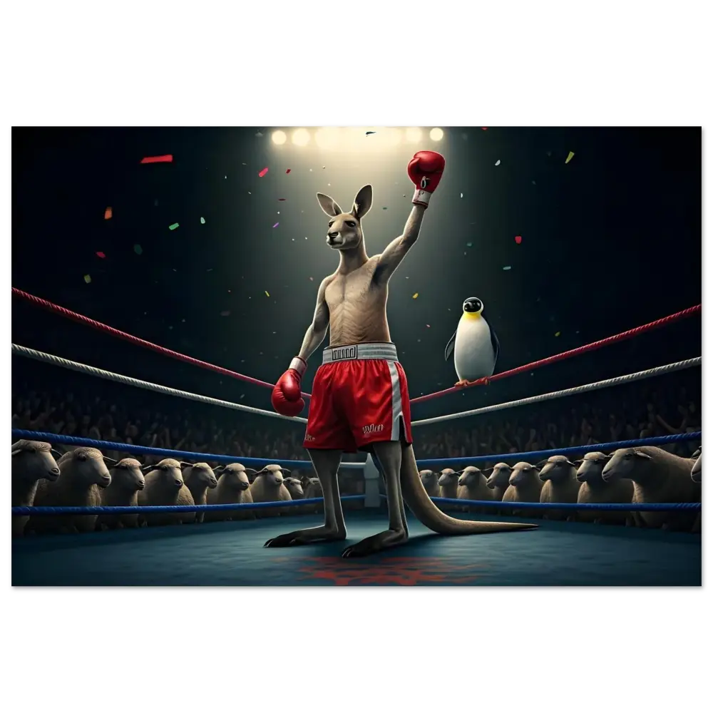 Victorious boxing kangaroo and penguin aluminum print on PixiOnyx Glossed Knockout Panel