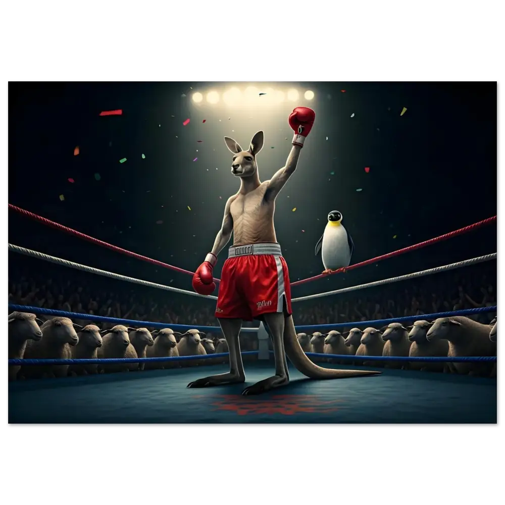 Victorious boxing kangaroo displayed on Outback Undisputed Fine Art Poster by PixiOnyx