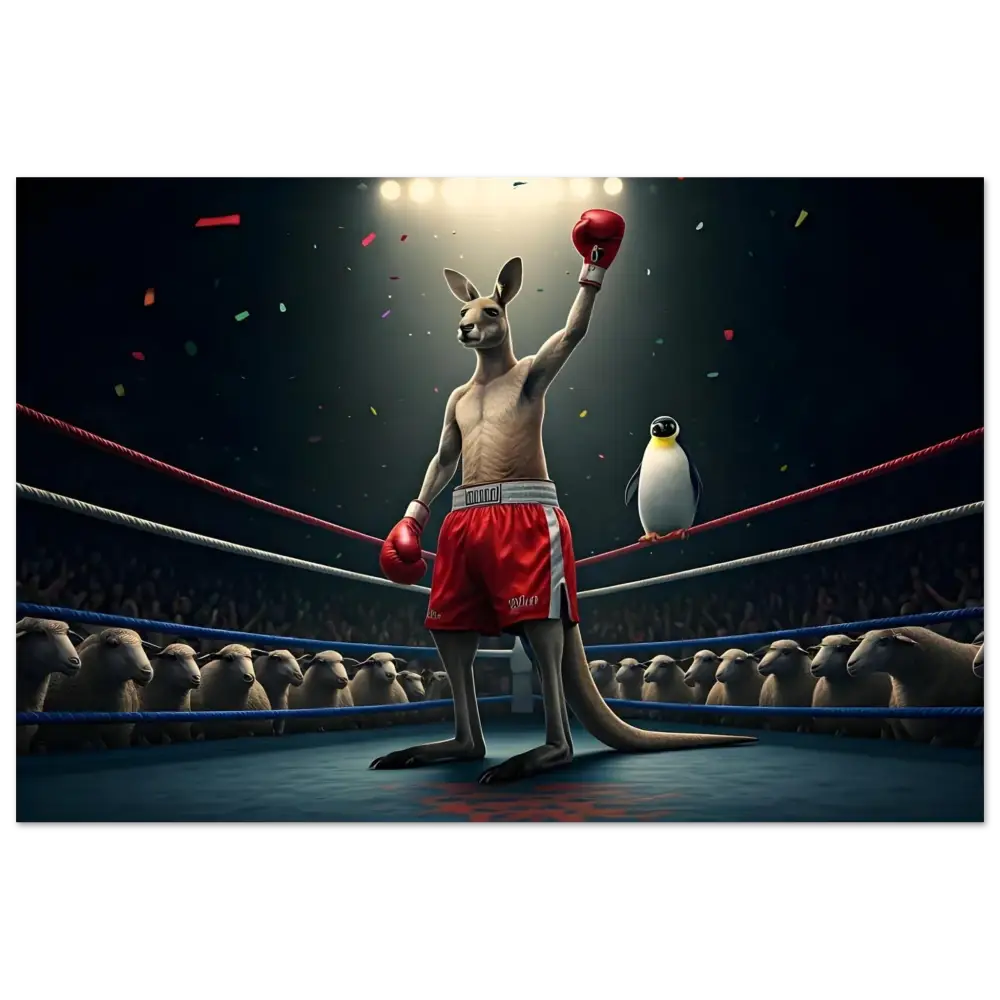 Victorious boxing kangaroo with penguin spectator in Outback Undisputed Fine Art Poster