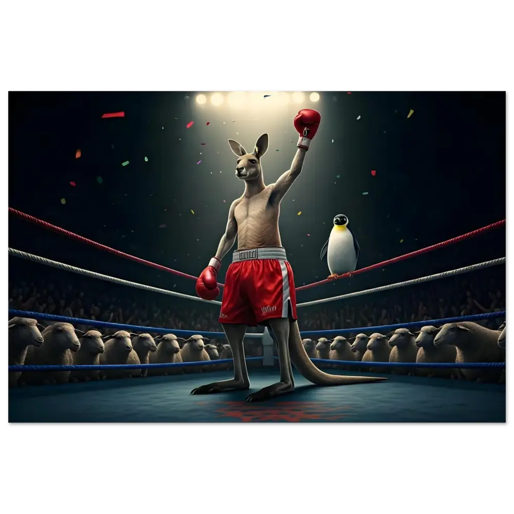 Victorious Kangaroo Boxer with Penguin Coach in Outback Undisputed Fine Art Poster