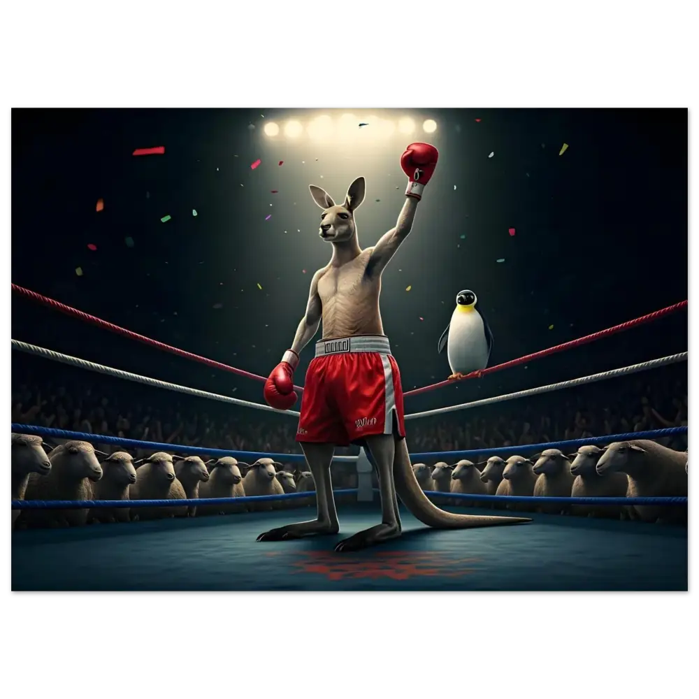 Victorious boxing kangaroo with penguin spectator in Outback Undisputed framed poster