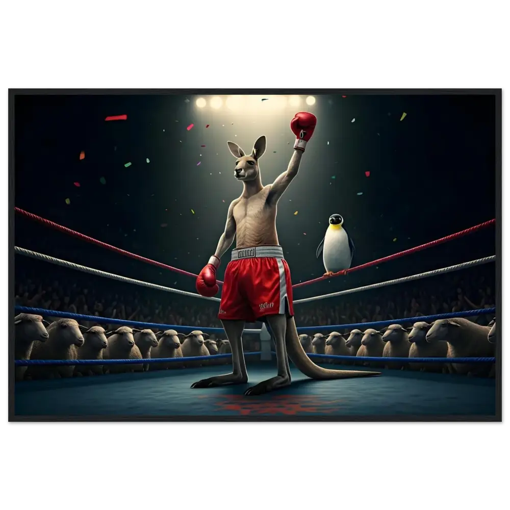 Victorious boxing kangaroo depicted in Outback Undisputed framed poster by PixiOnyx