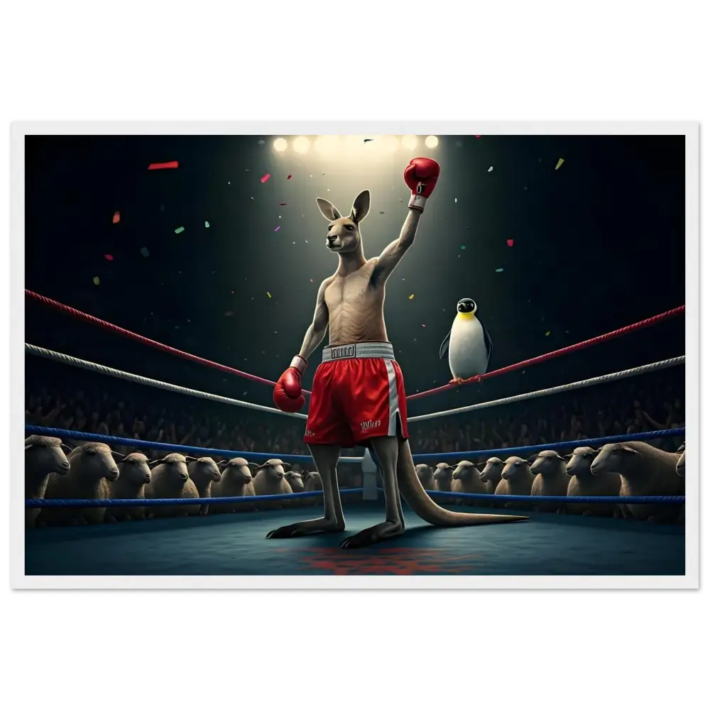 Victorious boxing kangaroo displayed in Outback Undisputed framed poster by PixiOnyx