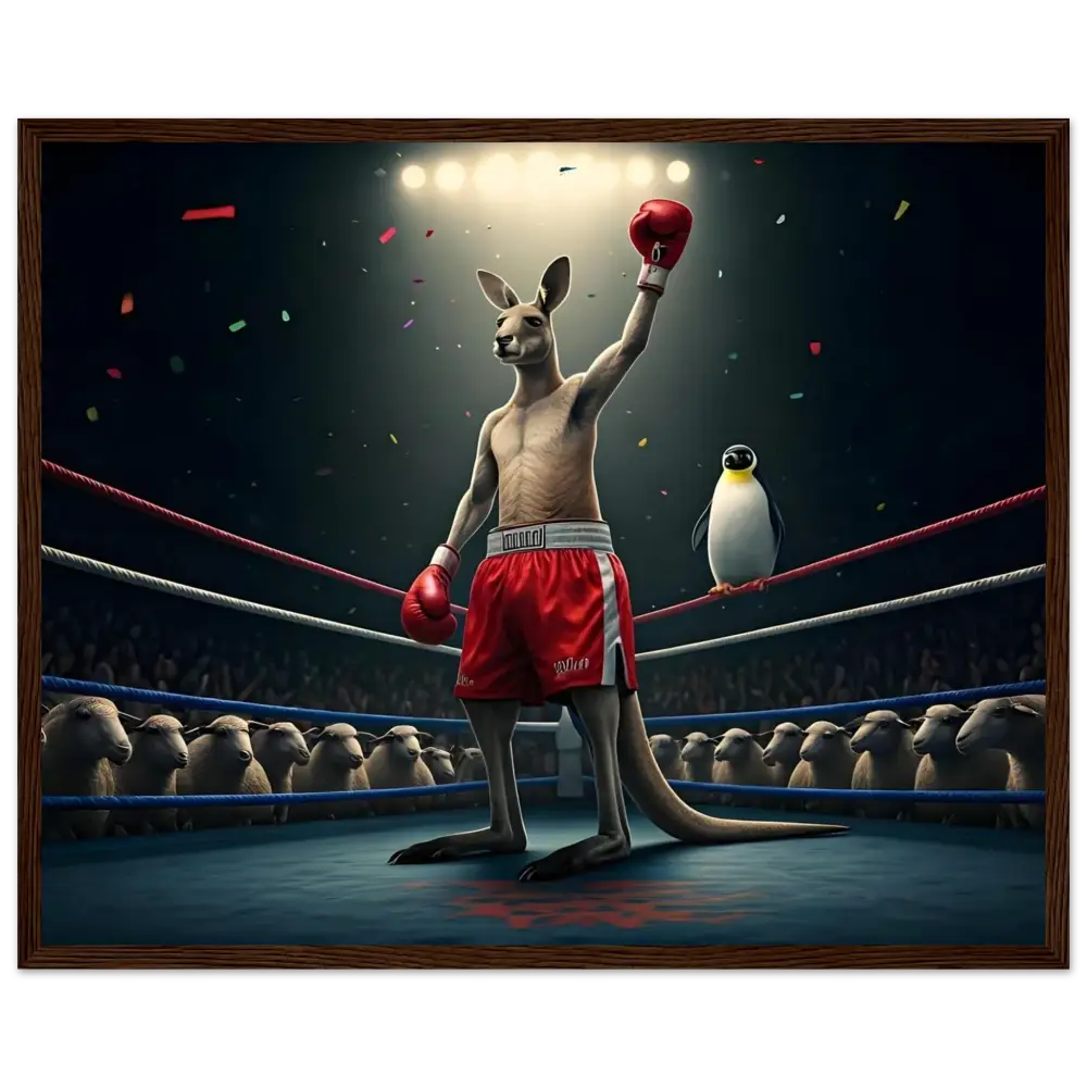 Victorious boxing kangaroo displayed in Outback Undisputed framed poster by PixiOnyx