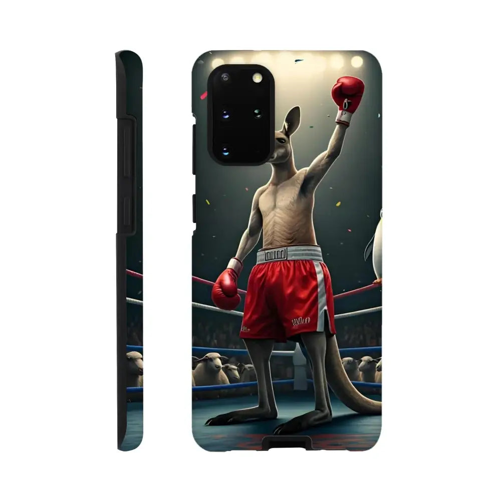 Samsung phone case featuring a boxing kangaroo design from PixiOnyx Brawl-Proof Armor