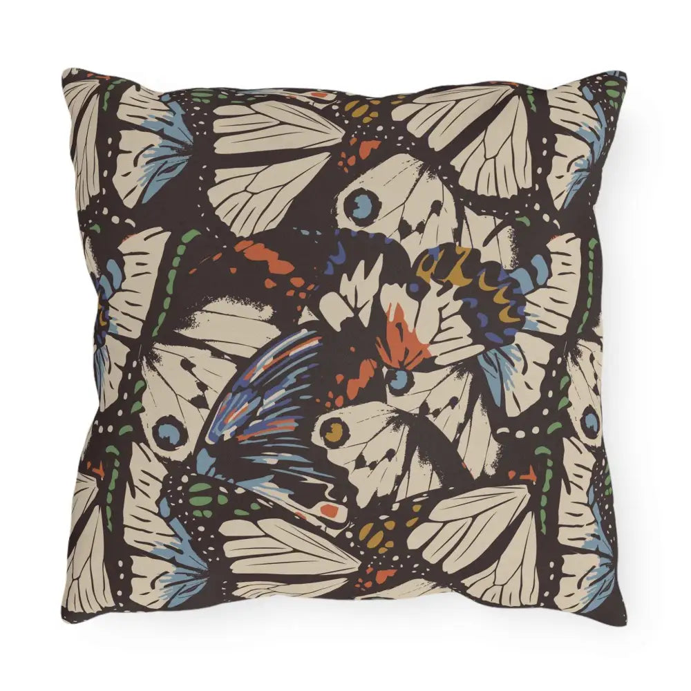 Outdoor lounge space pillow with butterfly wing pattern and colorful accents by Honson Ventures Limited