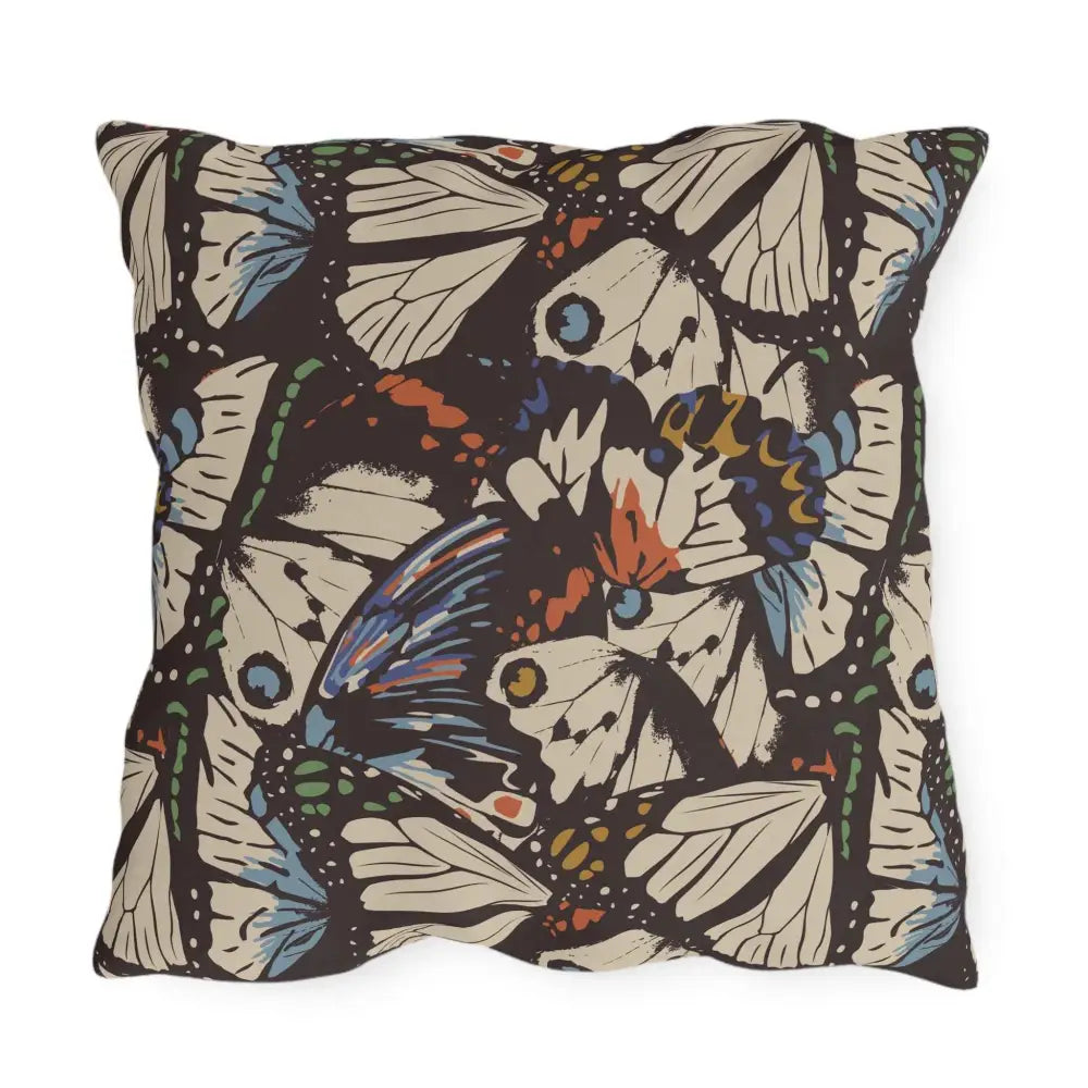 Dark brown outdoor pillow with colorful butterfly pattern for lounge space flutter by Honson Ventures Limited