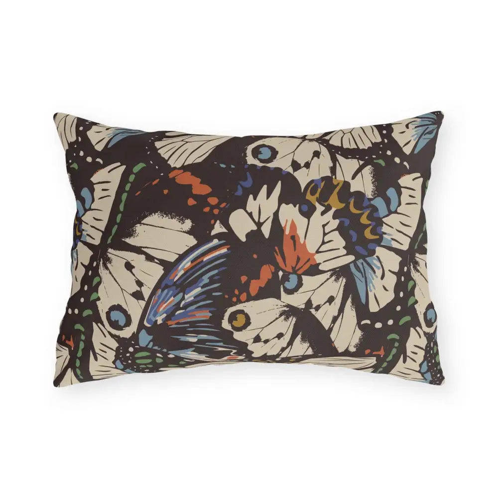 Outdoor lounge space throw pillow with vibrant butterfly pattern by Honson Ventures Limited