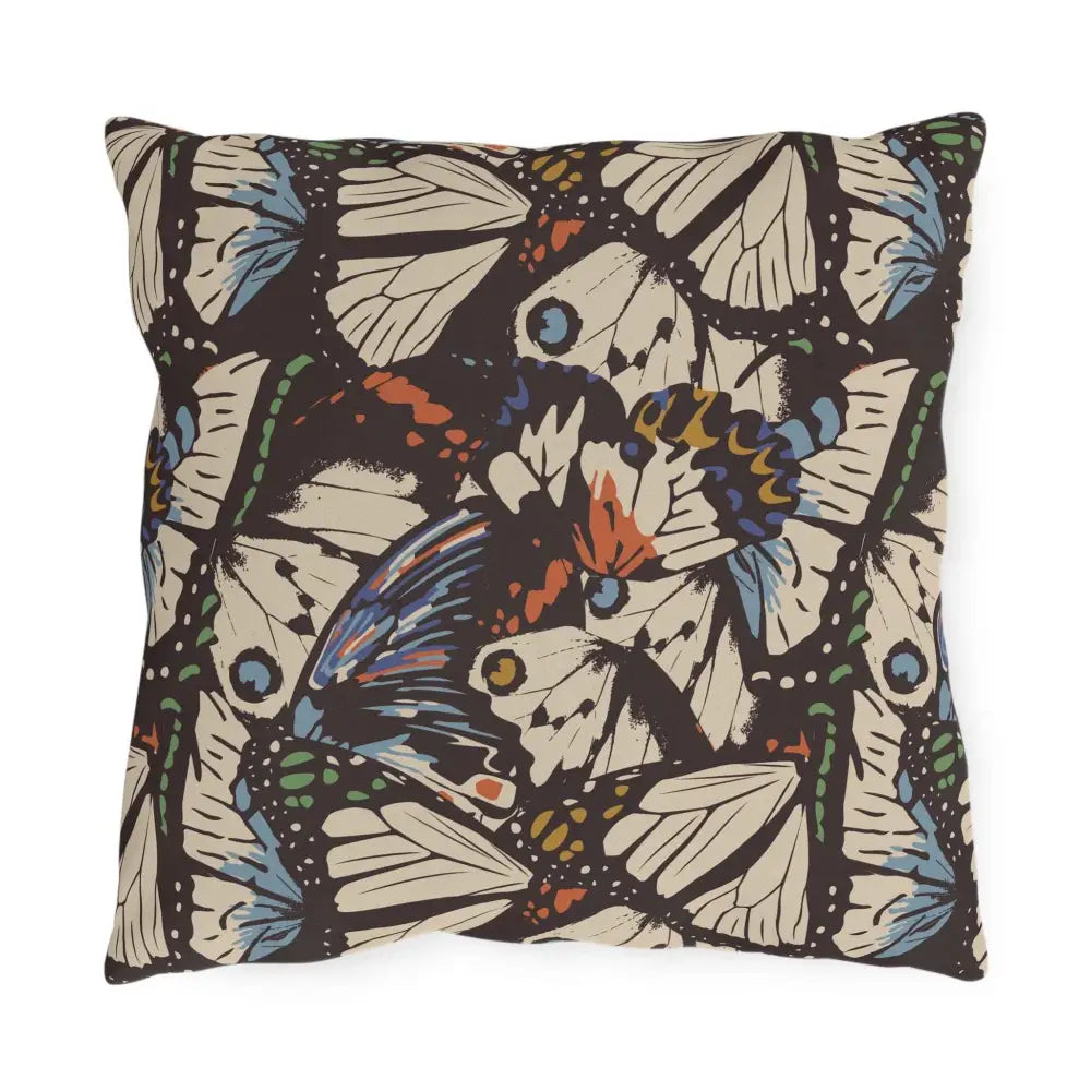 Outdoor lounge space pillow with colorful butterfly pattern for Bohemian butterfly decor