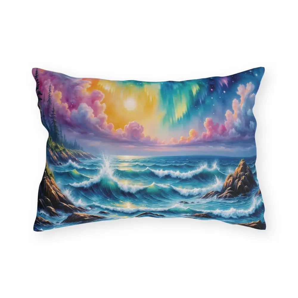 Outdoor Pillow Celestial Tide features a celestial-infused ocean scene with waves crash beneath a vibrant stormy sea under a colorful sky with aurora borealis