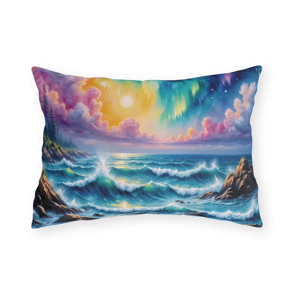 Rectangular lumbar pillow with celestial-infused ocean scene and waves crash beneath design