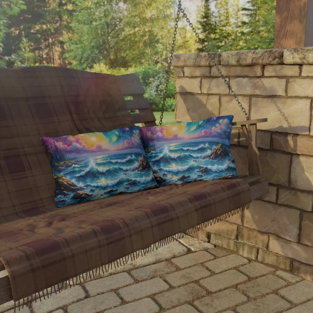 Outdoor Pillow Celestial Tide with ocean scene, channel coastal serenity waves crash beneath