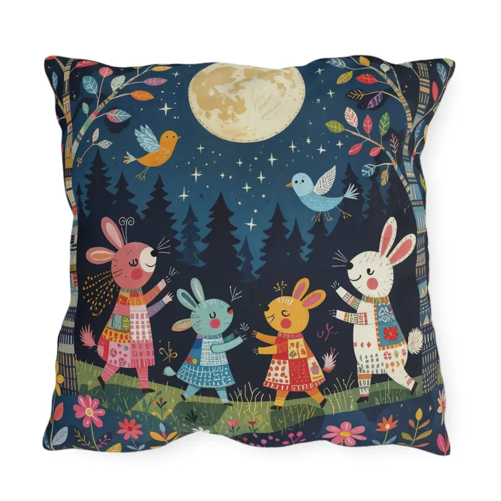 Decorative outdoor cushion with whimsical woodland picnic nook scene of dancing bunnies and birds under a full moon