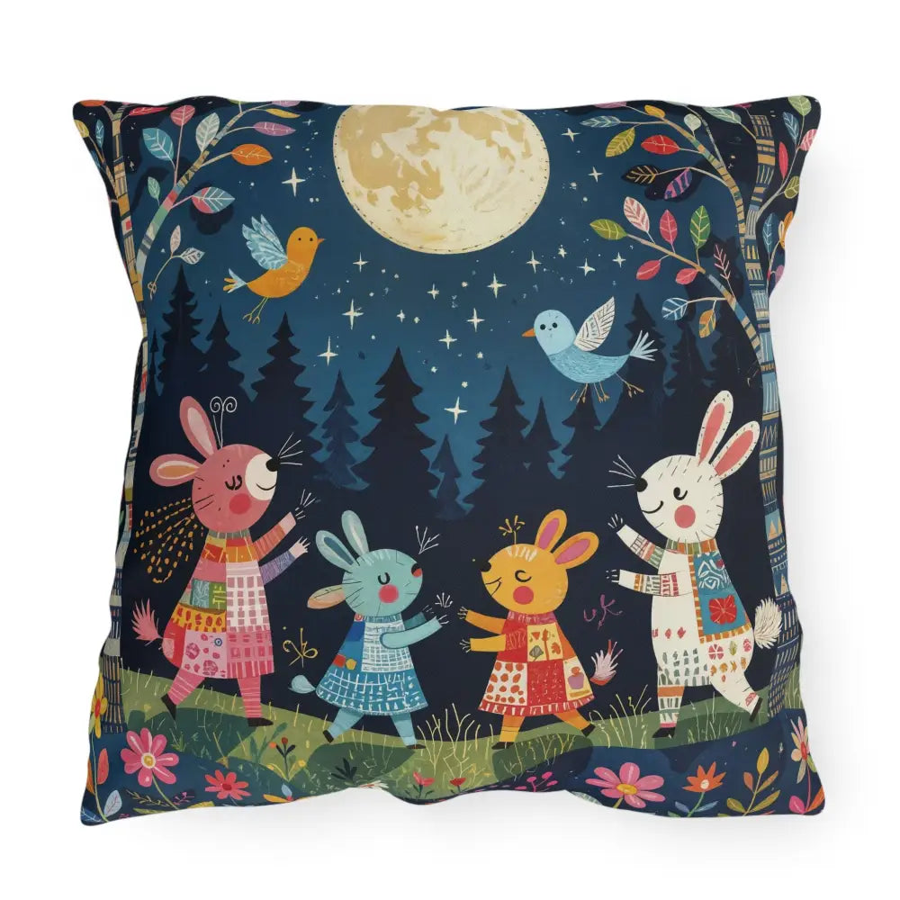 Decorative outdoor cushion with rabbits dancing under full moon for woodland picnic nook