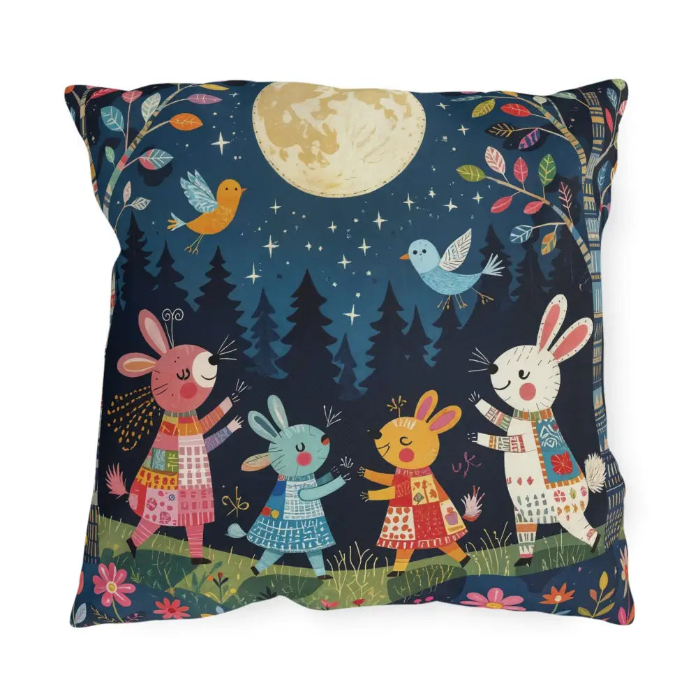 Decorative outdoor cushion with whimsical woodland scene of bunnies and birds dancing under the full moon for a charming woodland picnic nook