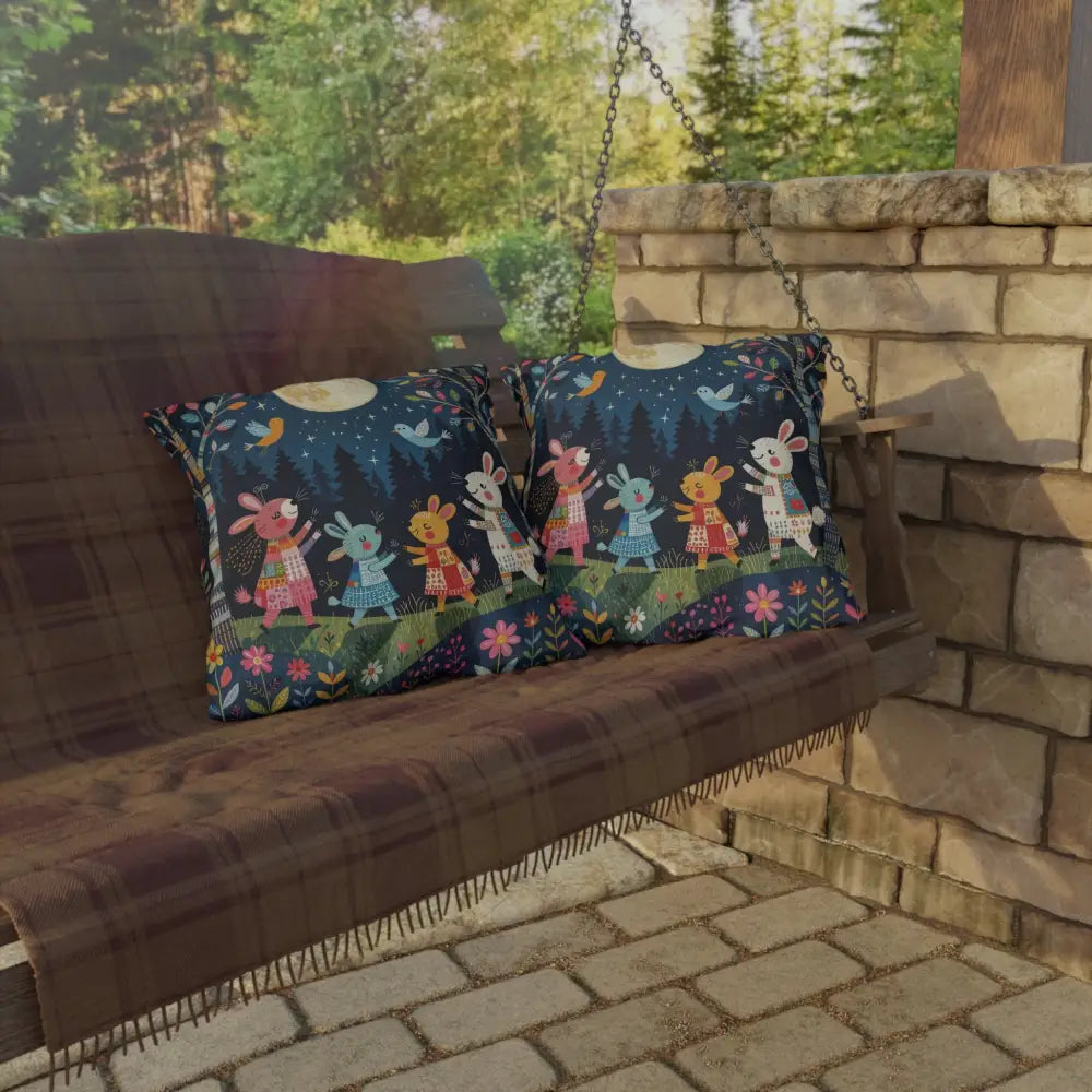 Whimsical bunny and forest design decorative outdoor cushion for woodland picnic nook